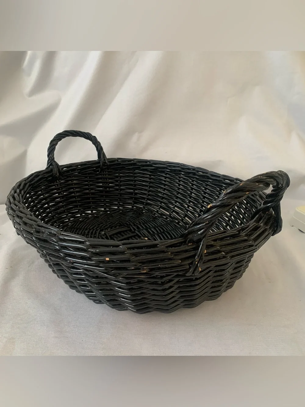 Vintage Wicker Basket Black Oval Woven Handled Storage Tray Cottagecore Farmhous